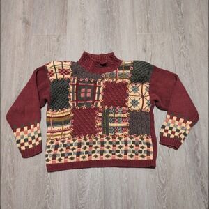 Vintage 90s Red‎ Camel Patchwork 3D Knit Sweater Burgundy Women's S Cottagecore